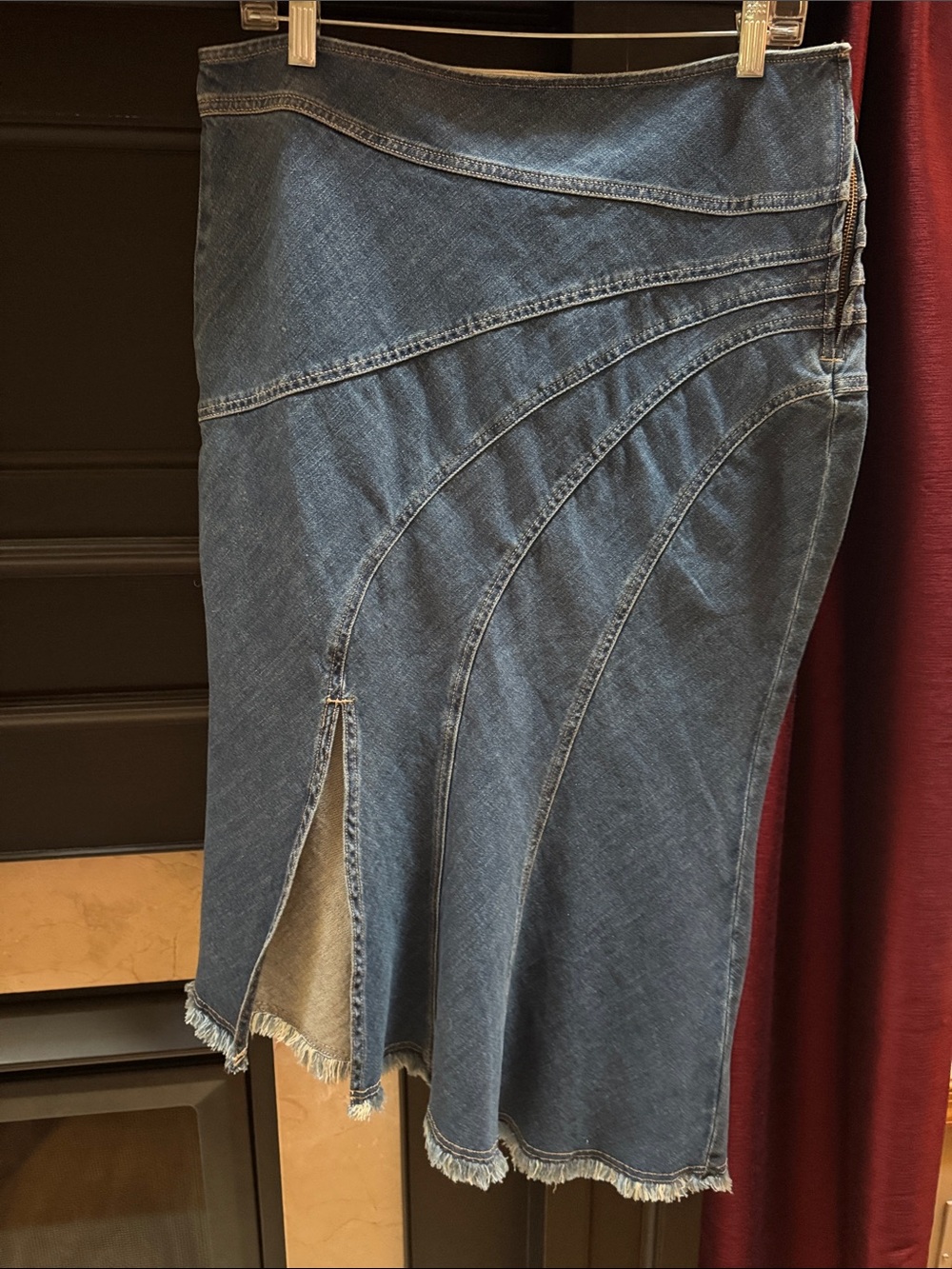 PILCO ANTHROPOLOGIE Denim A-Line Midi Skirt in Blue with Frayed Hem sz 10